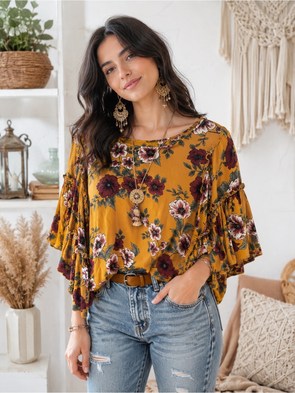 Charlotte Russe Boho Floral Flutter Sleeve Top in Mustard